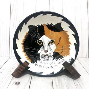 Cats By Nina Ceramic Bowl Calico Longhair Yellow Eyes 8” Signed 2001 Nina Lyman